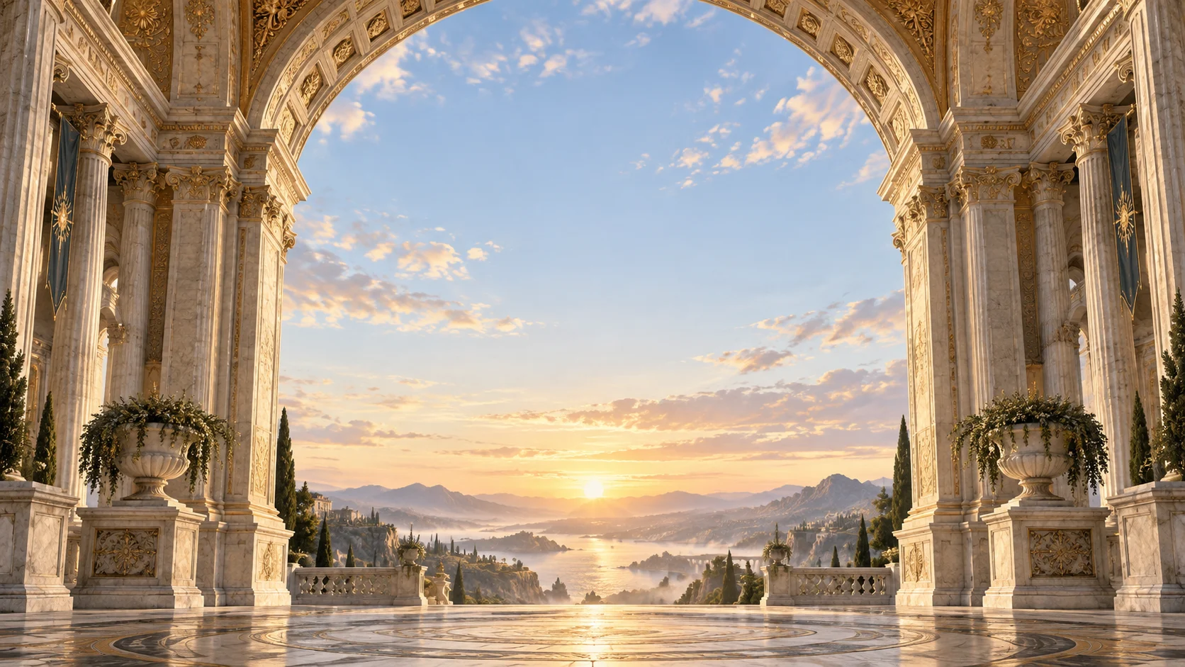 A monumental classical arch opening toward a luminous dawn; an illustration of possibility