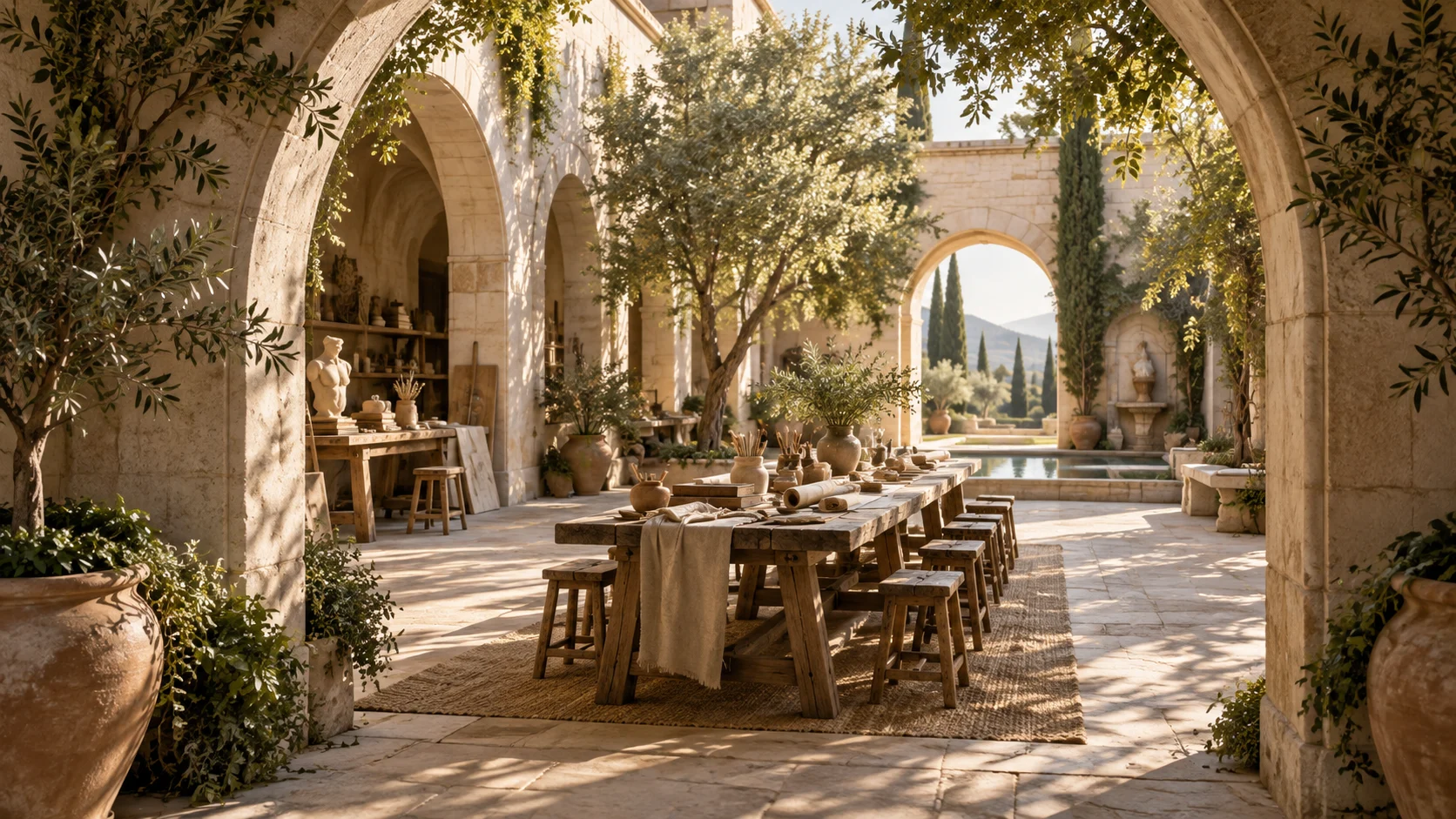 Conceptual illustration of a sunlit shared workshop courtyard